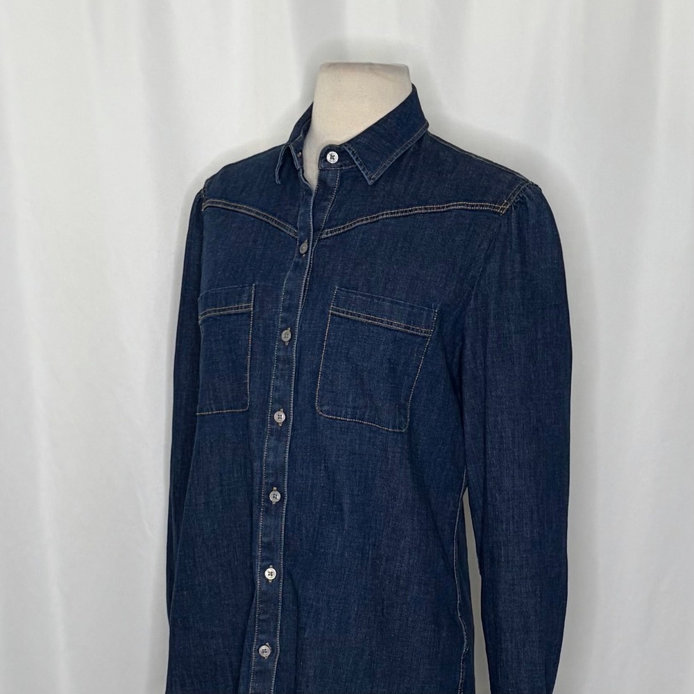 Women's UNTUCKIT Jenna Buttondown Denim Shirt Top Pockets Dark Wash Preppy 8 - Picture 6 of 13